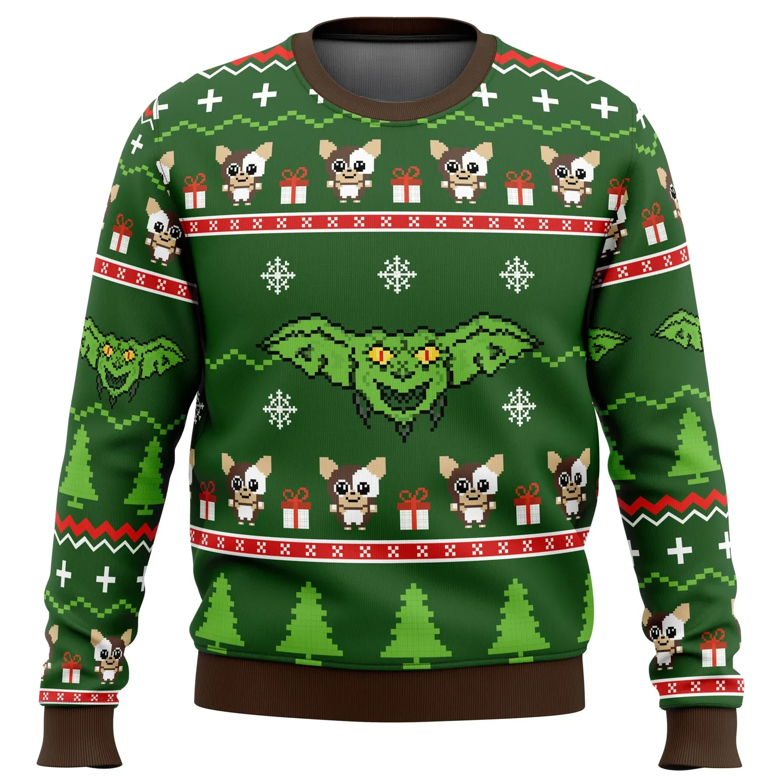 Gremlins Ugly Christmas Sweater, Gizmo Gremlins Holiday Sweater, Pixel Mogwai and Stripe Green Unisex Sweatshirt, 80s Movie Xmas Gift