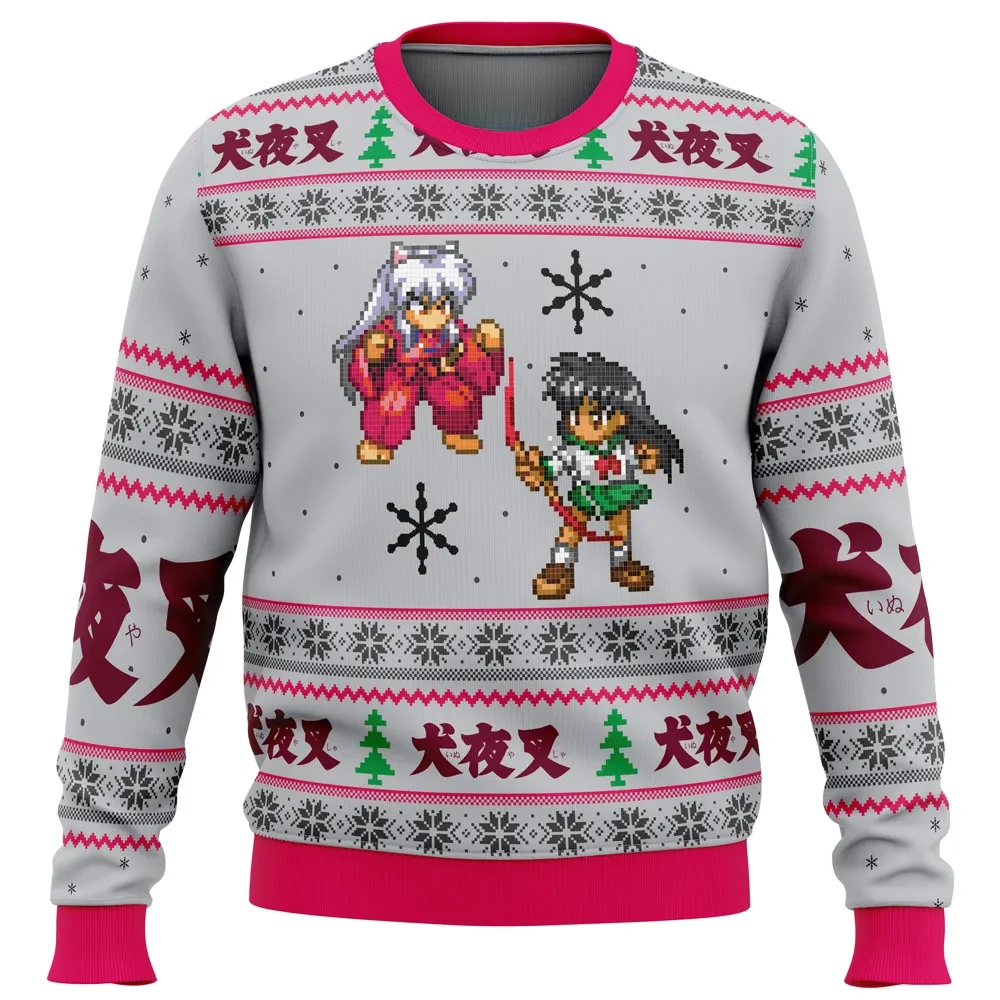 Inuyasha and Kagome Alt Ugly Christmas Sweater, Inuyasha Holiday Sweater, Pixel Art Anime Xmas Gift, Unisex All Over Print Sweatshirt