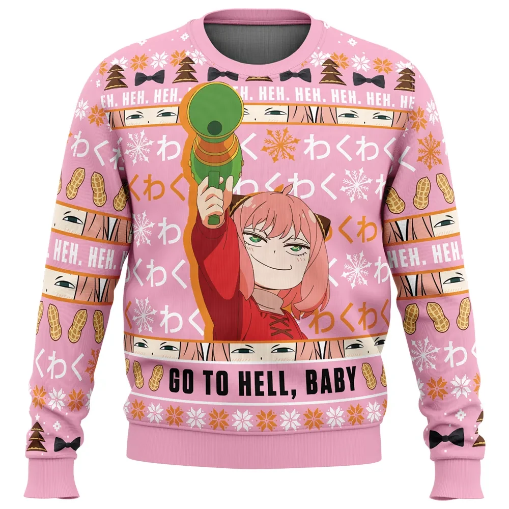 Anya Go To Hell Baby Spy X Family Ugly Christmas Sweater, Anya Forger Heh Face Holiday Sweater, Funny Pink Anime Xmas Gift for Fans