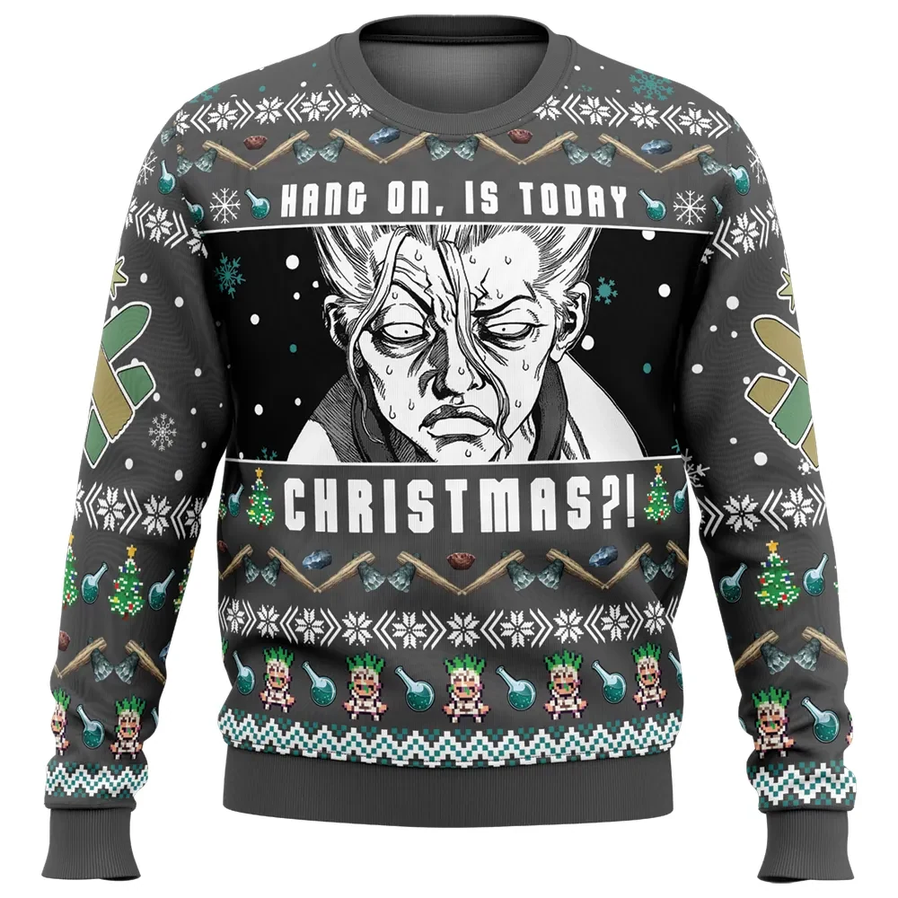 Hang On, Is Today Christmas?! Dr. Stone Ugly Christmas Sweater, Shocked Senku Ishigami Anime Holiday Sweater, Unisex Anime Xmas Gift for Fans