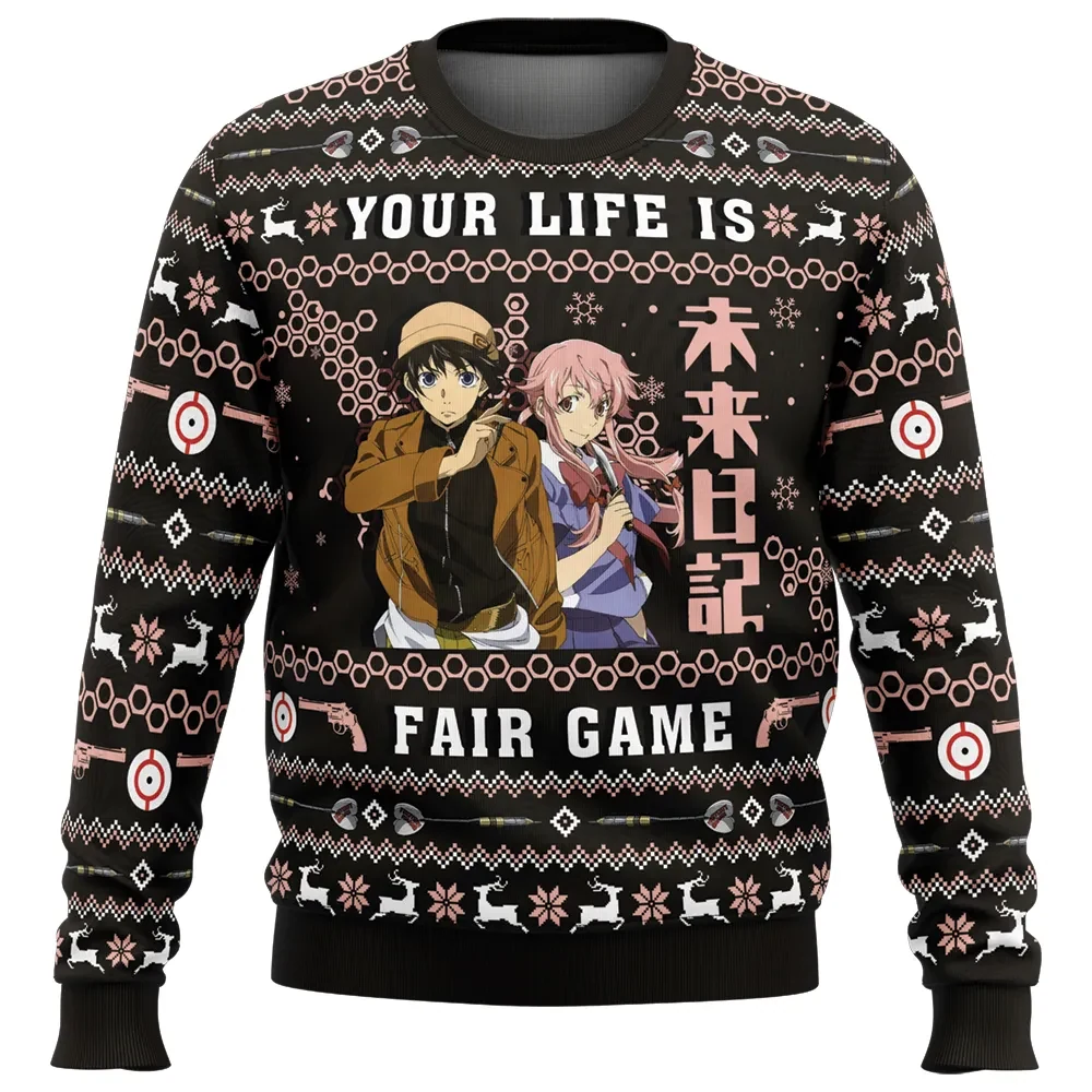 Your Life is Fair Game Future Diary Ugly Christmas Sweater, Yuno and Yuki Mirai Nikki Anime Holiday Sweater, Unisex Xmas Gift for Fans