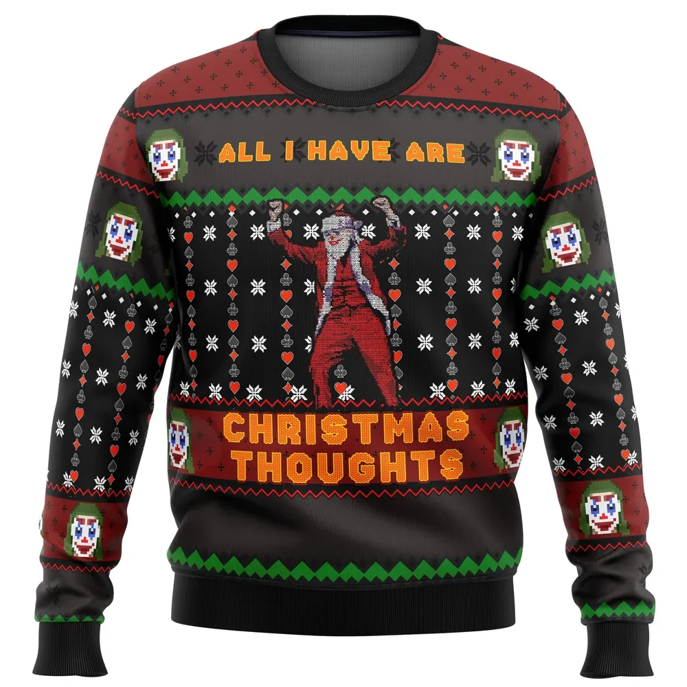 Joker All I Have Are Christmas Thoughts Ugly Christmas Sweater, Batman Villain Movie Holiday Sweater, Unisex All Over Print Xmas Sweater