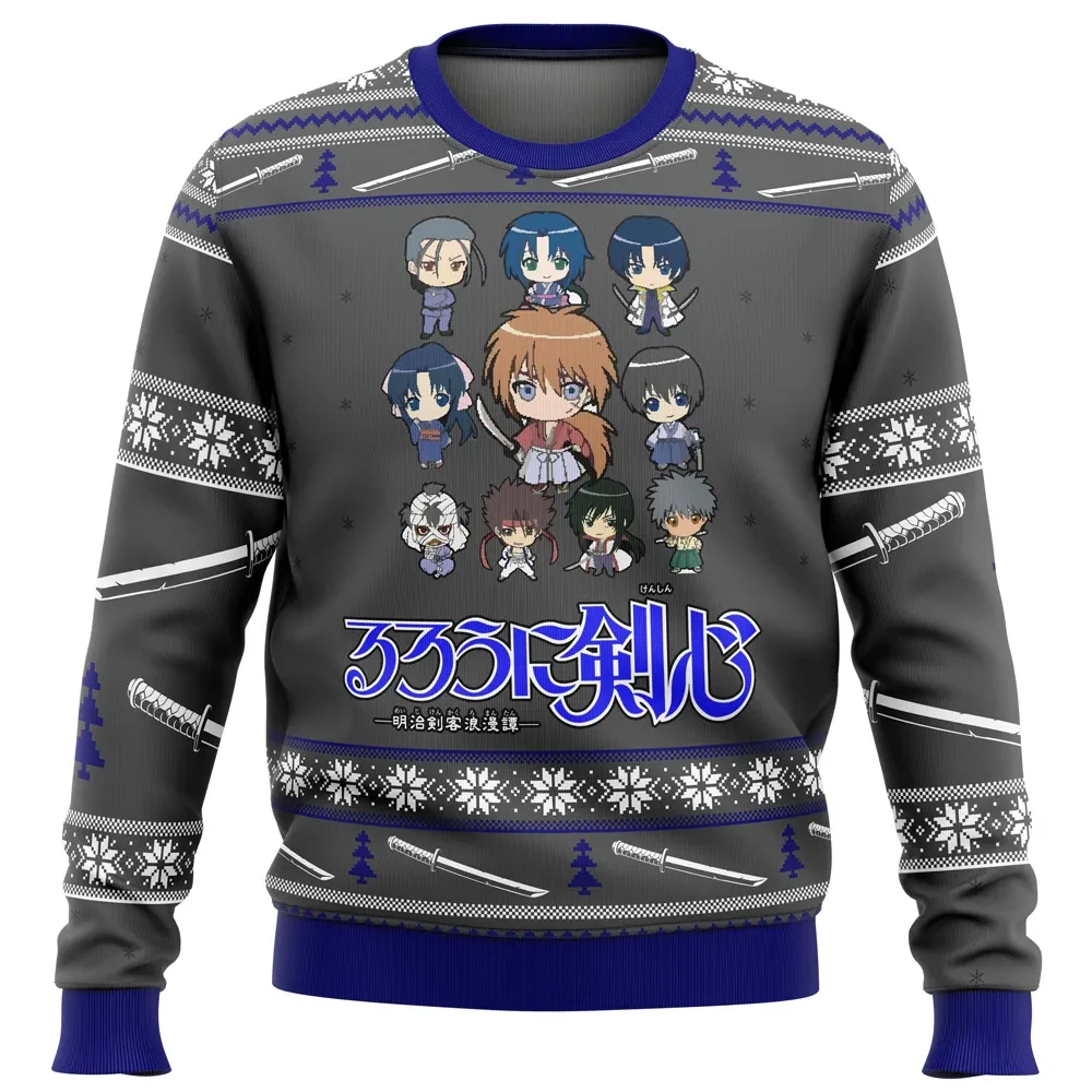 Kenshin Sprites Ugly Christmas Sweater, Rurouni Kenshin Samurai X Chibi Cast Holiday Sweater, Classic Meiji Era Anime Xmas Gift