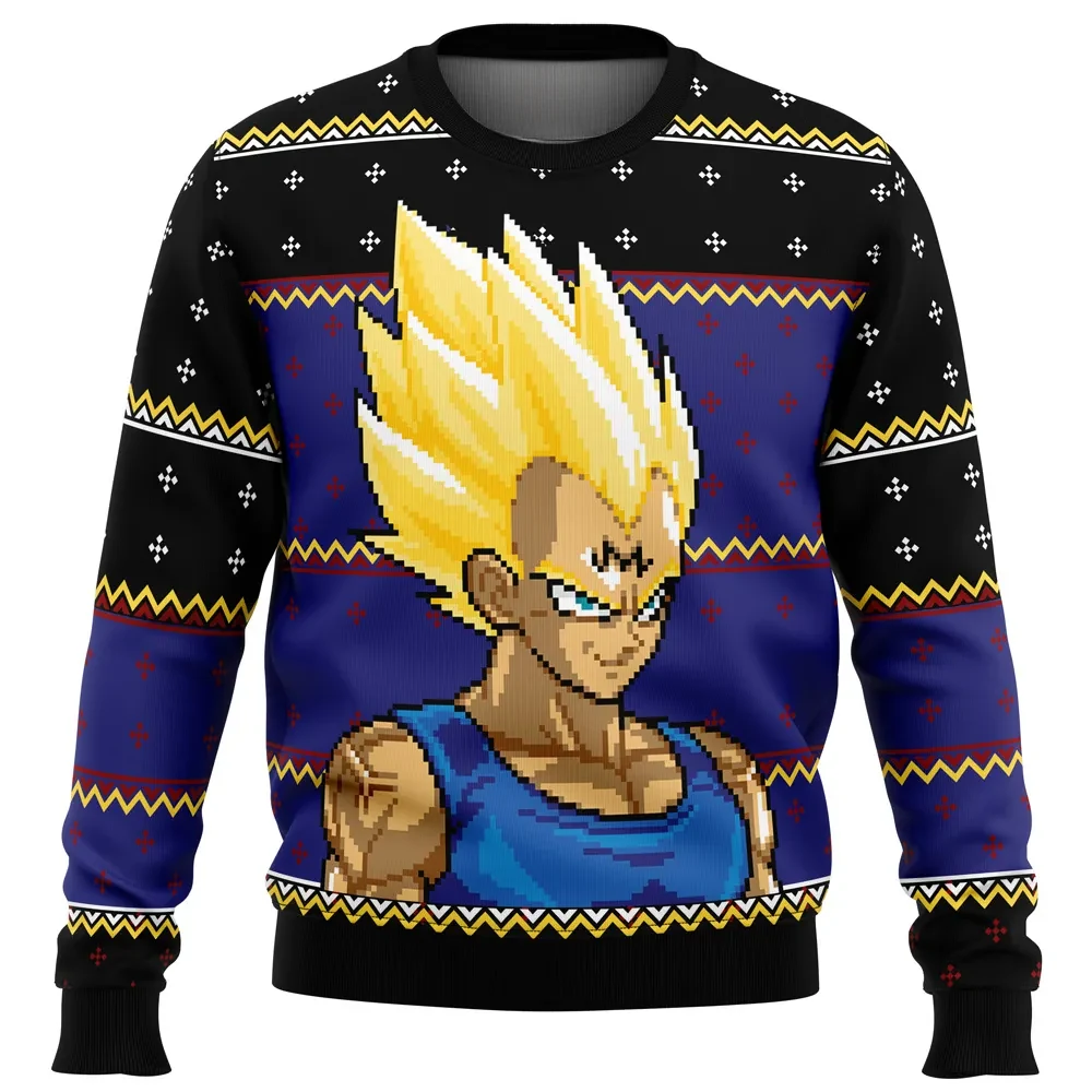 Majin Vegeta Dragon Ball Z Ugly Christmas Sweater, Super Saiyan Vegeta Pixel Art Holiday Sweater, DBZ Anime Xmas Gift, Unisex Pullover