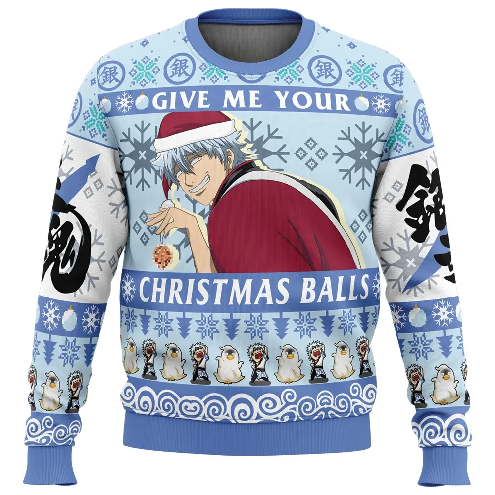 Give Me Your Christmas Balls Gintama Ugly Christmas Sweater, Gintoki Sakata Santa Holiday Sweater, Funny Anime Xmas Gift for Yorozuya Fans