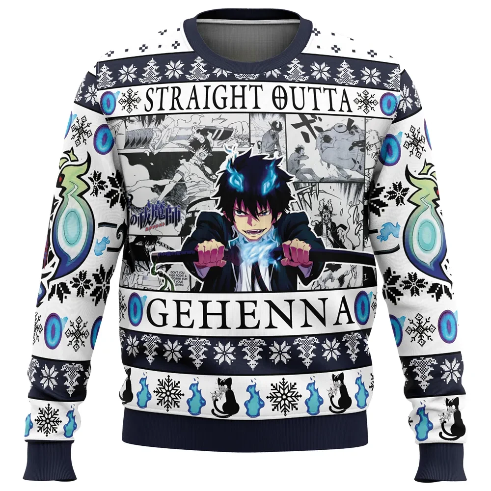 Straight Outta Gehenna Blue Exorcist Ugly Christmas Sweater, Rin Okumura Blue Flames Holiday Sweater, Manga Panel Anime Xmas Gift for Fans