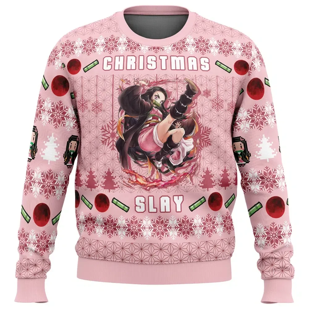 Nezuko Christmas Slay Demon Slayer Ugly Christmas Sweater, Nezuko Kamado Pink Anime Holiday Sweatshirt, Unisex Xmas Gift for Fans