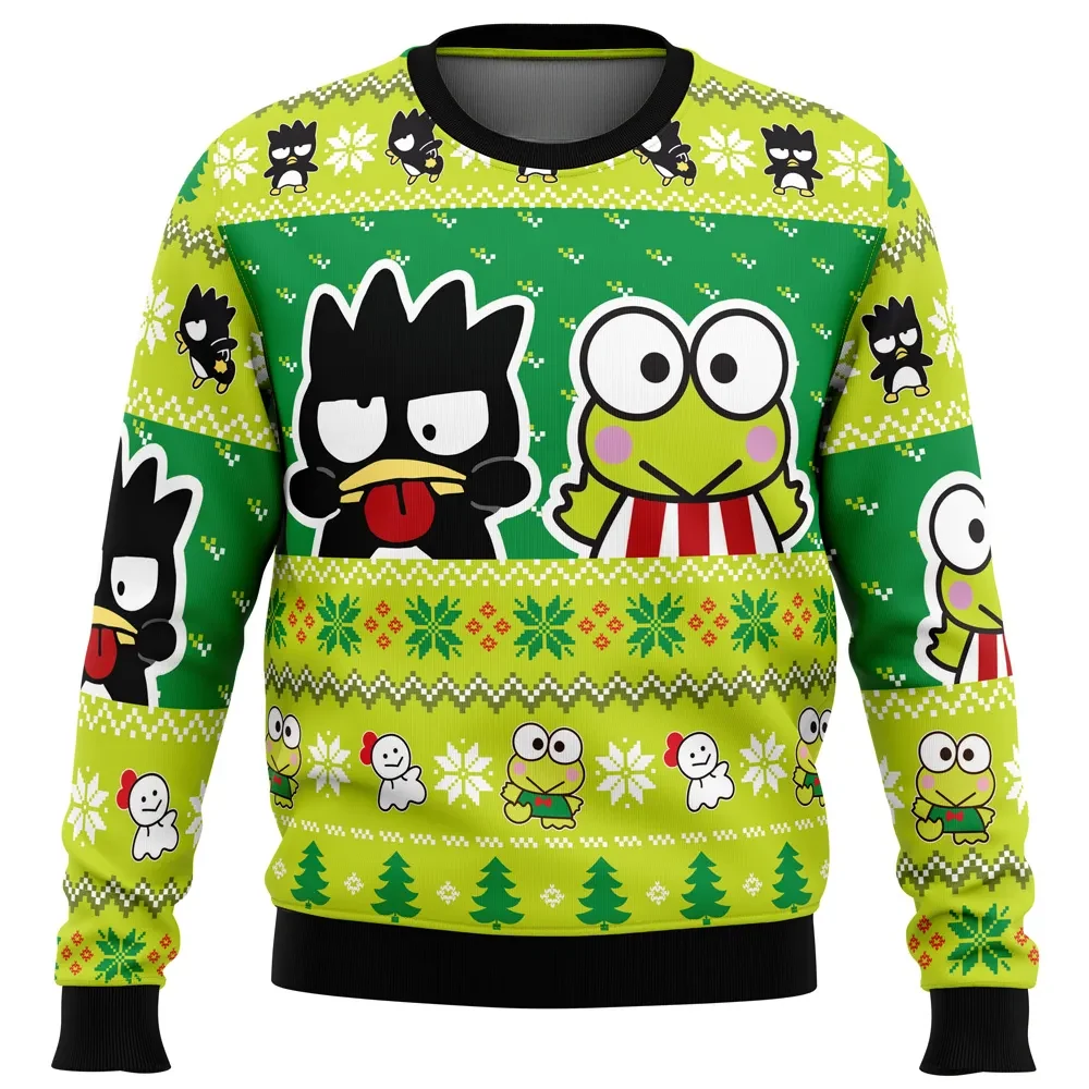 Badtz Maru and Keroppi Sanrio Ugly Christmas Sweater, Kawaii Cartoon Holiday Sweater, Lime Green Penguin and Frog Xmas Sweatshirt, Sanrio Gift
