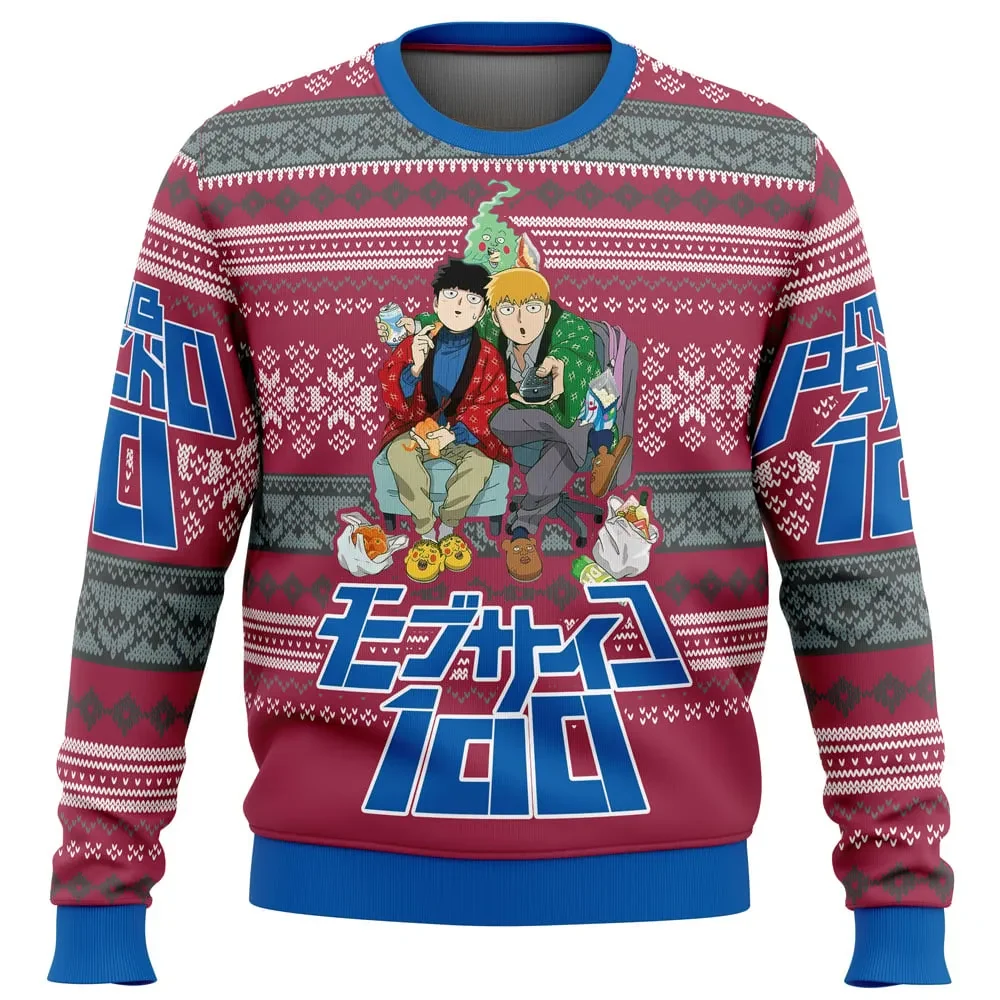 Mob Psycho 100 Mob And Reigen Ugly Christmas Sweater, Mob Psycho Holiday Sweater, Dimple and Gifts on the Couch, Anime Xmas Gift for Fans