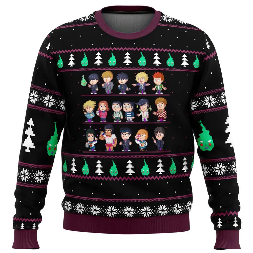 Mob Psycho 100 Sprites Ugly Christmas Sweater, Mob Psycho Anime Holiday Sweater, Pixel Art Anime Xmas Gift, Unisex All Over Print Sweatshirt
