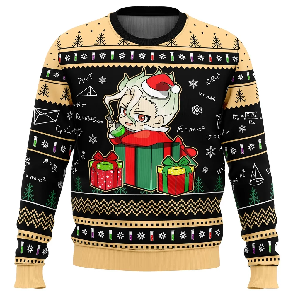 Christmas Senkuu Dr Stone Ugly Christmas Sweater, Dr. Stone Senku in a Gift Box Anime Holiday Sweater, Science Lover Xmas Gift for Fans