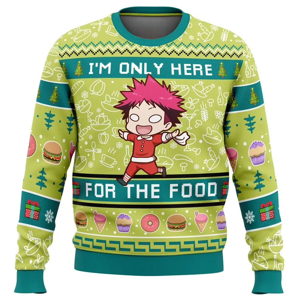 I'm Only Here for the Food Food Wars Ugly Christmas Sweater, Chibi Santa Soma Yukihira Holiday Sweater, Shokugeki Fan Anime Xmas Gift