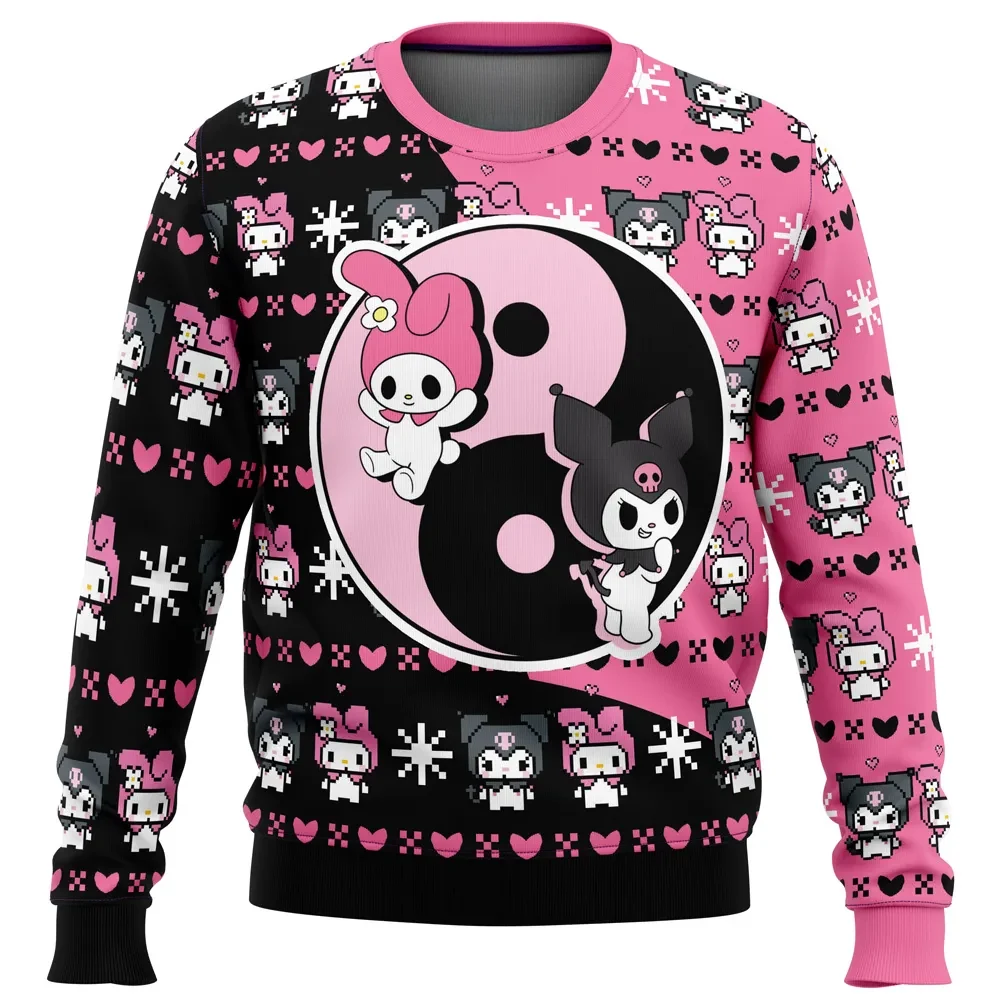 My Melody and Kuromi Ugly Christmas Sweater, Sanrio Holiday Sweater, Cute Kawaii Xmas Gift, Pink and Black Yin Yang Unisex Pullover