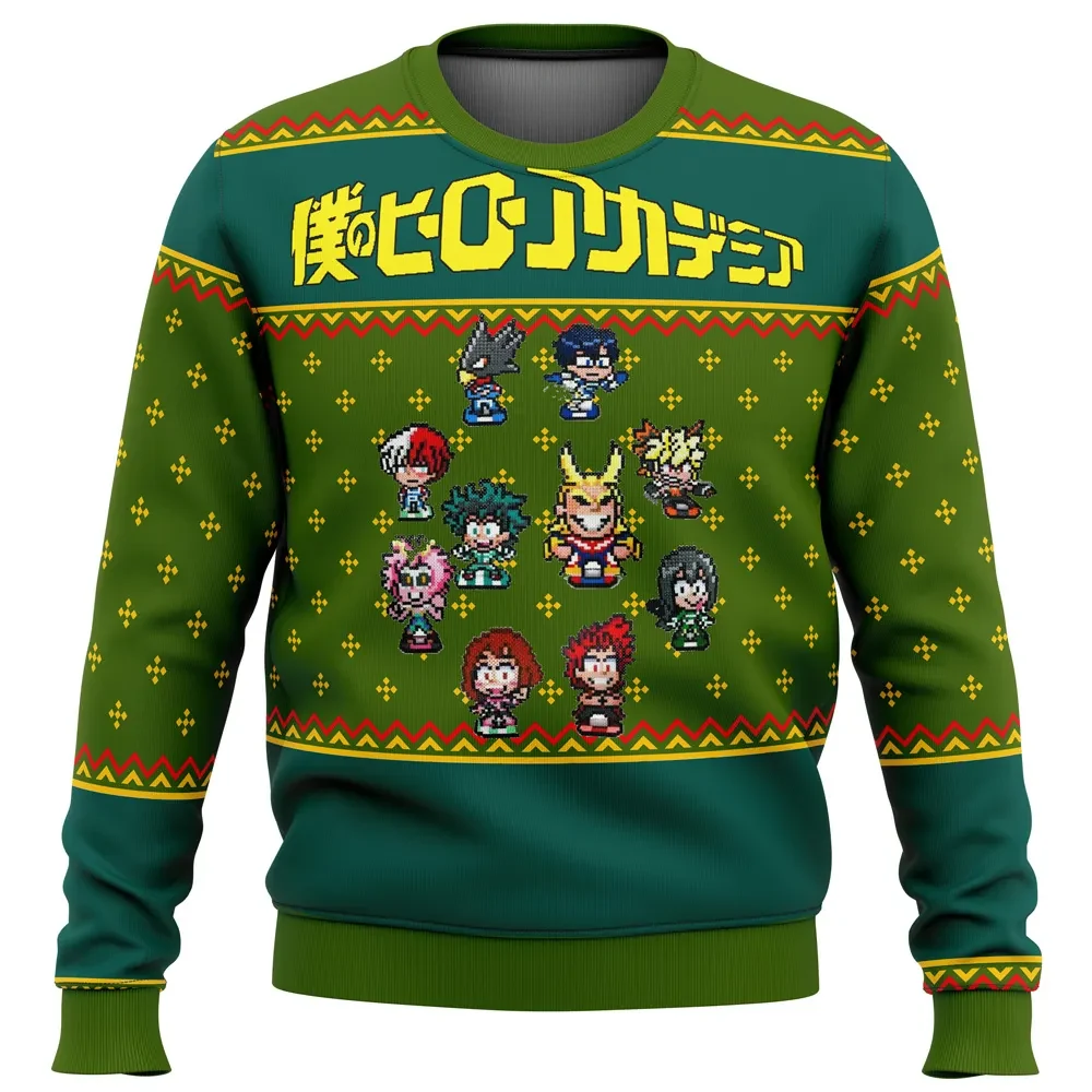My Hero Academia Sprites Ugly Christmas Sweater, MHA Chibi Deku All Might Holiday Sweatshirt, Pixel Art Unisex Anime Xmas Gift for Fans
