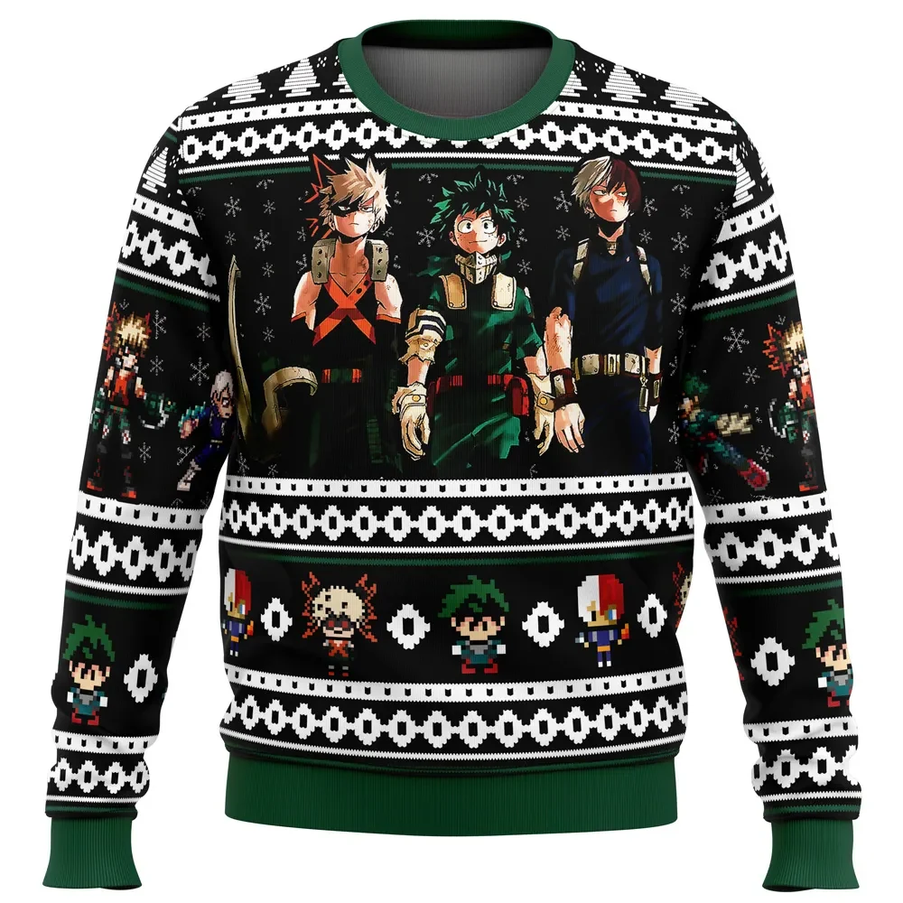 My Hero Academia Top 3 Ugly Christmas Sweater, Deku Bakugo Todoroki Holiday Sweater, Class 1-A Boku no Hero, Anime Xmas Gift