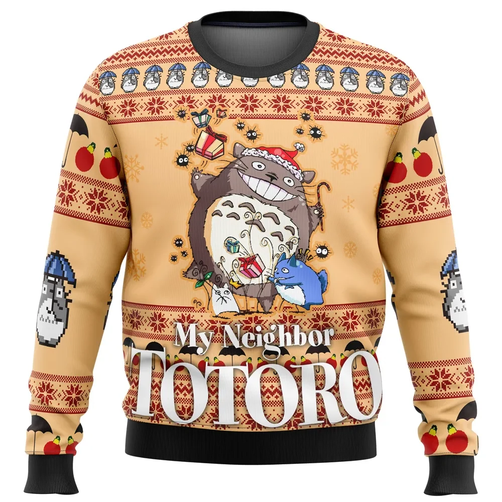 My Neighbor Totoro Friends Ugly Christmas Sweater, Studio Ghibli Holiday Sweater, Santa Hat and Soot Sprites Anime Xmas Gift for Movie Fans