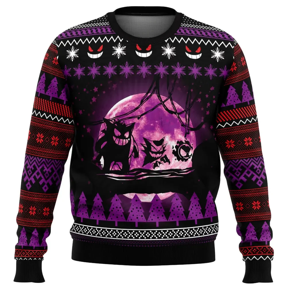 Ghost Trio Pokemon Ugly Christmas Sweater, Gengar Haunter Gastly Full Moon Holiday Sweater, Unisex All Over Print Xmas Sweatshirt, Gamer Gift