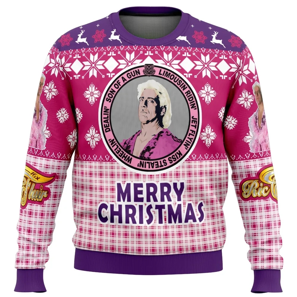 Legendary Ric Flair Ugly Christmas Sweater, Nature Boy Wrestling Holiday Sweater, Wrestling Fan Xmas Gift, Pink Plaid Unisex Pullover