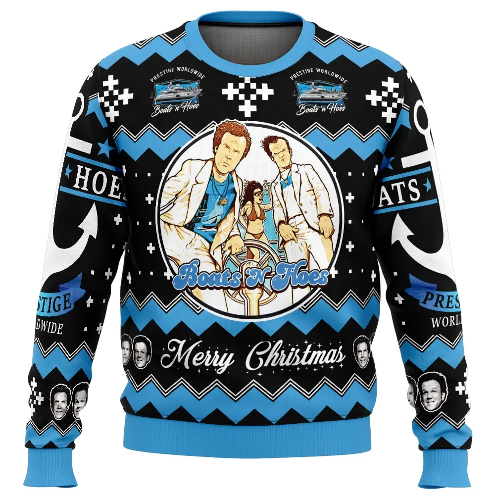Boats and Hoes Step Brothers Ugly Christmas Sweater, Prestige Worldwide Movie Holiday Sweater, Funny Xmas Jumper