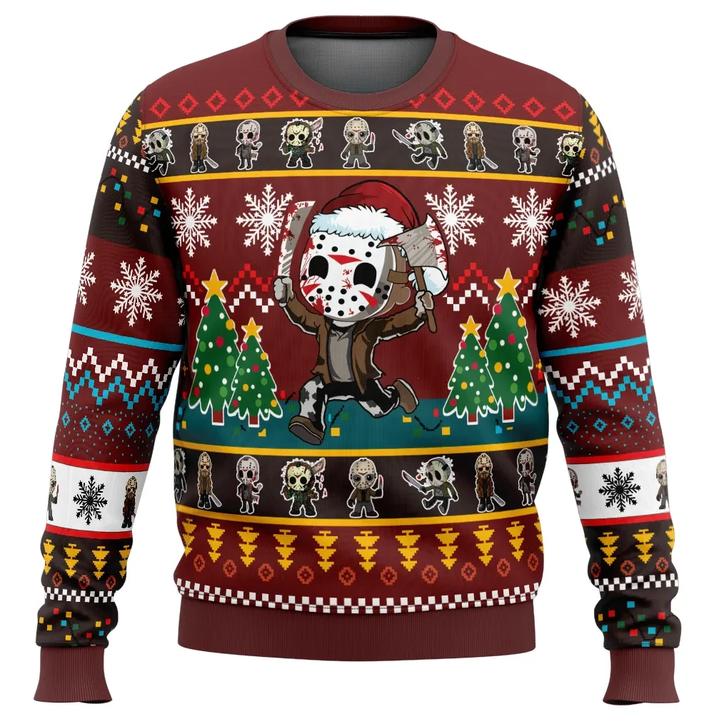 Cute Jason Friday the 13th Ugly Christmas Sweater, Chibi Jason Voorhees Horror Movie Holiday Sweatshirt, Unisex Slasher Xmas Gift for Fans