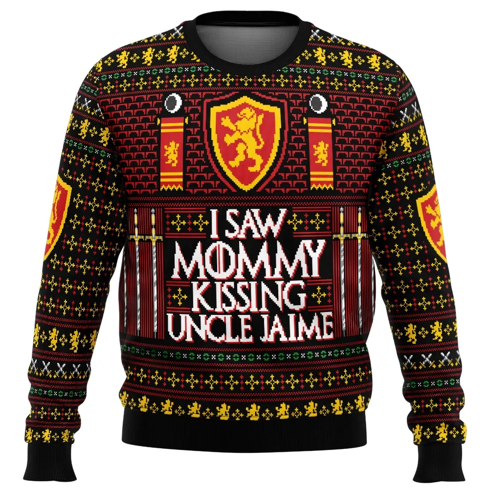 I Saw Mommy Kissing Uncle Jaime Ugly Christmas Sweater, Game of Thrones Lannister Lion Holiday Sweater, Funny TV Show Xmas Gift for Fans