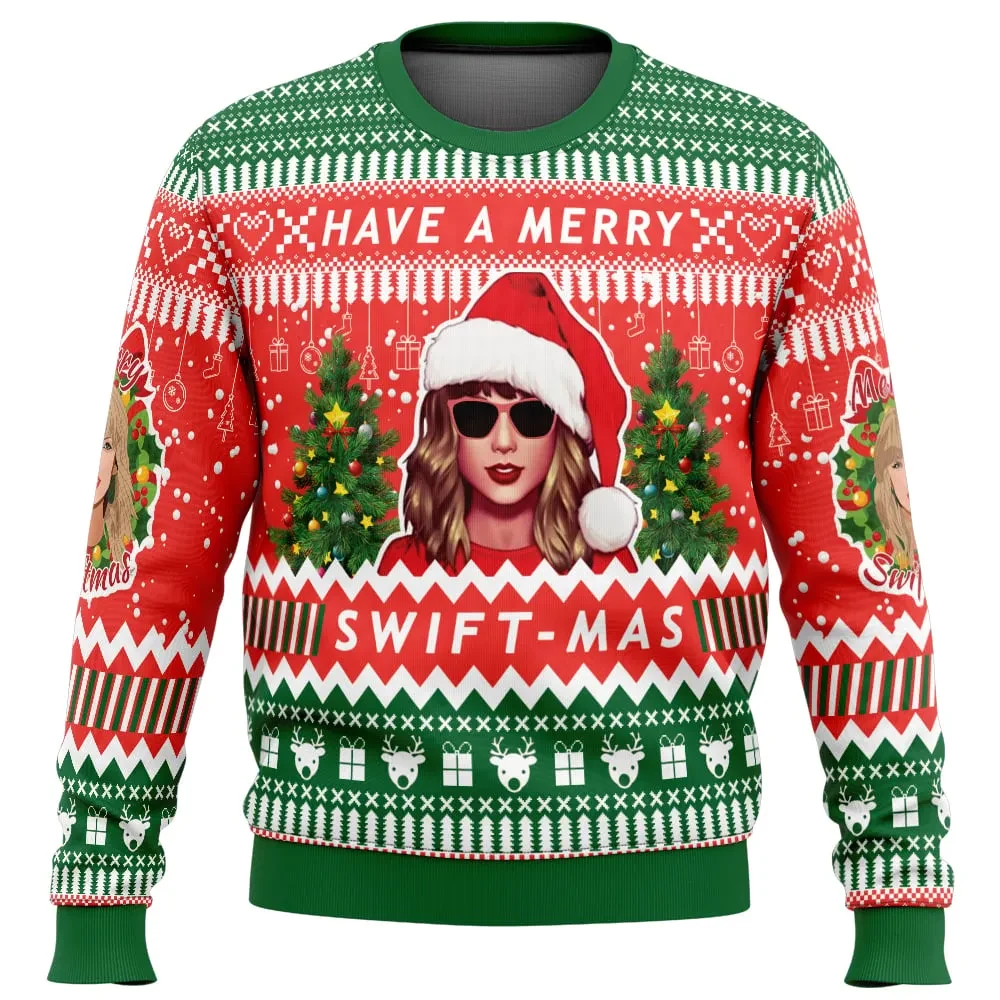 Swift Mas Taylor Swift Ugly Christmas Sweater, Have a Merry Swiftmas Holiday Sweater, Santa Hat Portrait Pullover, Music Xmas Gift for Fans