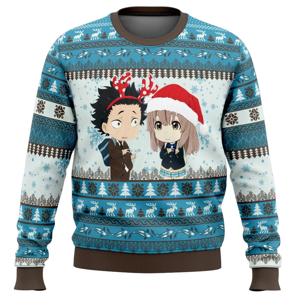 Christmas Couple Shoya and Shoko A Silent Voice Ugly Christmas Sweater, Anime Holiday Sweater, Chibi Reindeer Xmas Sweater