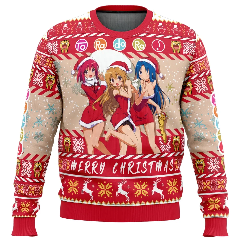 Christmas Girls Toradora Ugly Christmas Sweater, Taiga Ami Minori in Santa Dresses, Anime Holiday Sweater, Merry Xmas Gift for Fans