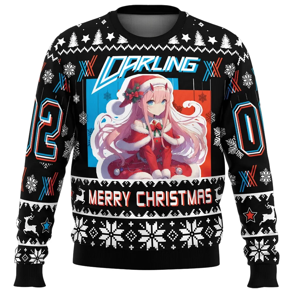 Darling Merry Christmas Darling in the Franxx Ugly Christmas Sweater, Zero Two Anime Holiday Sweater, Unisex All Over Print Xmas Jumper
