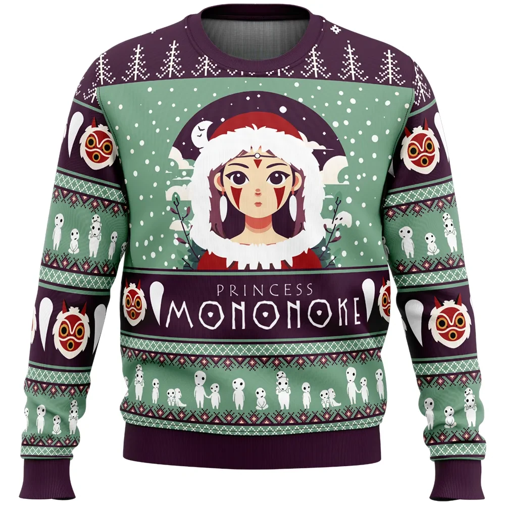 Princess Mononoke Ugly Christmas Sweater, Studio Ghibli San Holiday Sweater with Kodama Spirits, Unisex Anime Xmas Gift for Miyazaki Fans