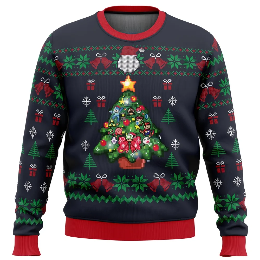 Nintendo Tree Ugly Christmas Sweater, Pixel Character Retro Video Game Holiday Sweater, Unisex All Over Print Gamer Xmas Gift for Fans