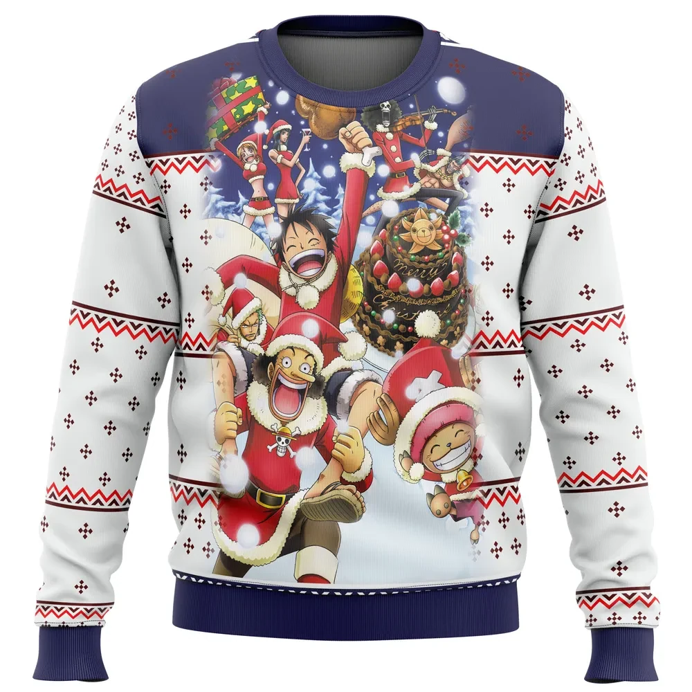 One Piece Straw Hat Crew Ugly Christmas Sweater, Luffy Chopper and Nami Santa Holiday Sweater, Unisex Xmas Sweatshirt, Anime Gift for Pirate Fans