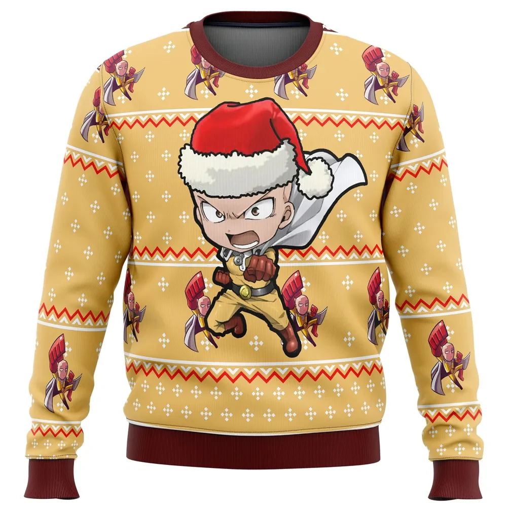 One Punch Man Chibi Saitama Ugly Christmas Sweater, One Punch Man Holiday Sweater, Santa Hat Caped Baldy, Anime Xmas Gift for Fans