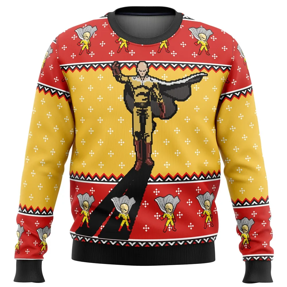 One Punch Man Saitama Shadow Ugly Christmas Sweater, Anime Holiday Sweater, Caped Baldy Hero Pose Xmas Gift for Anime Fans