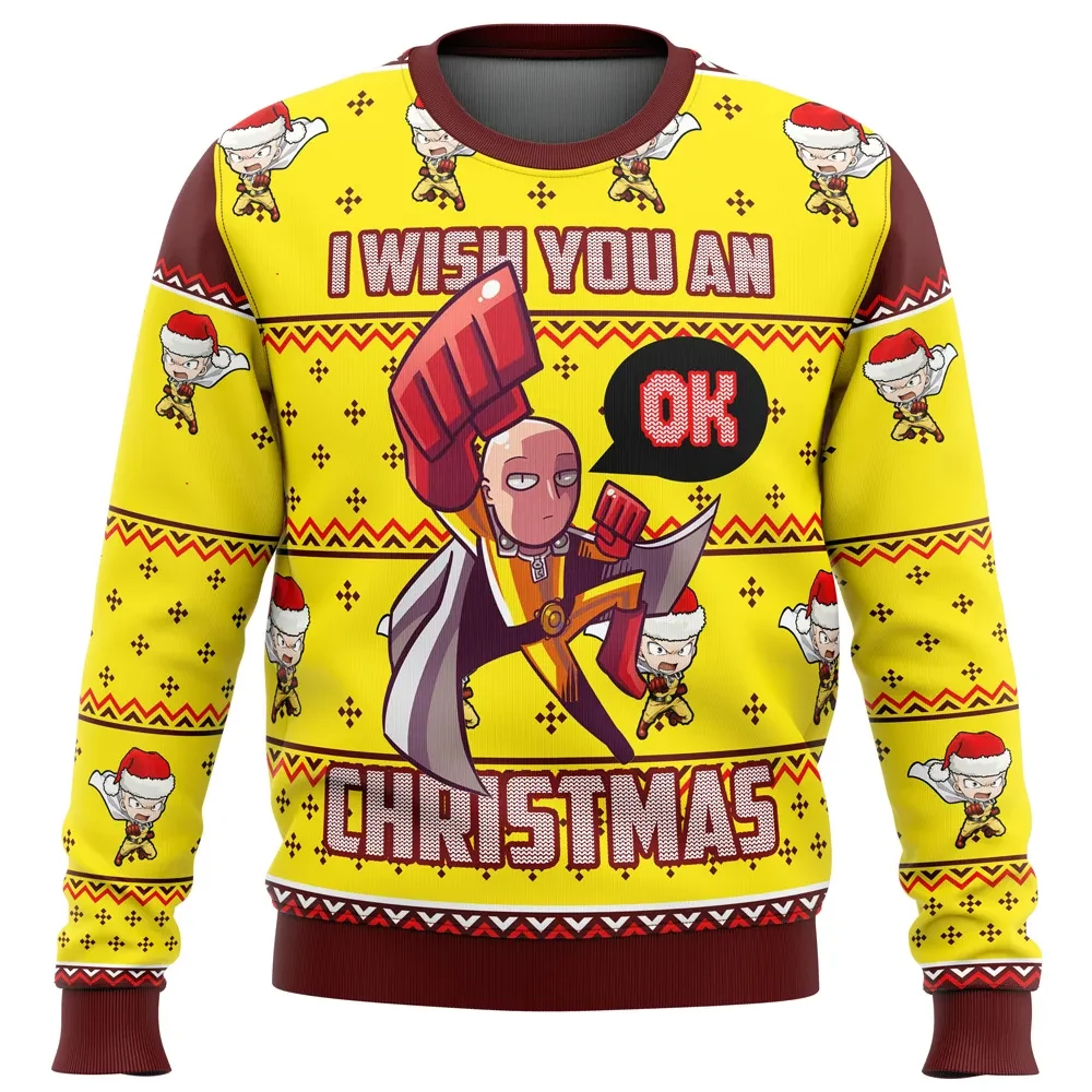 Saitama I Wish You an OK Christmas Ugly Christmas Sweater, One Punch Man Holiday Sweater, Funny Anime Unisex Pullover, Xmas Gift for Fans
