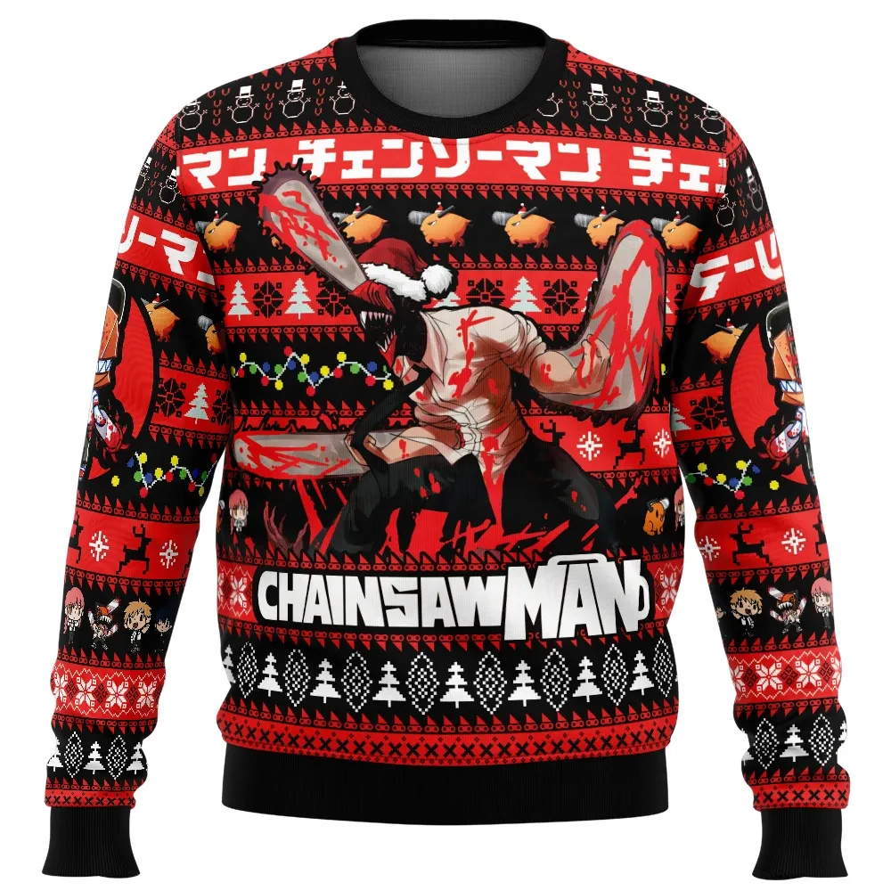 Christmas Denji Chainsaw Man Ugly Christmas Sweater, Pochita Santa Hat Christmas Lights Holiday Sweatshirt, Anime Xmas Gift for Manga Fans