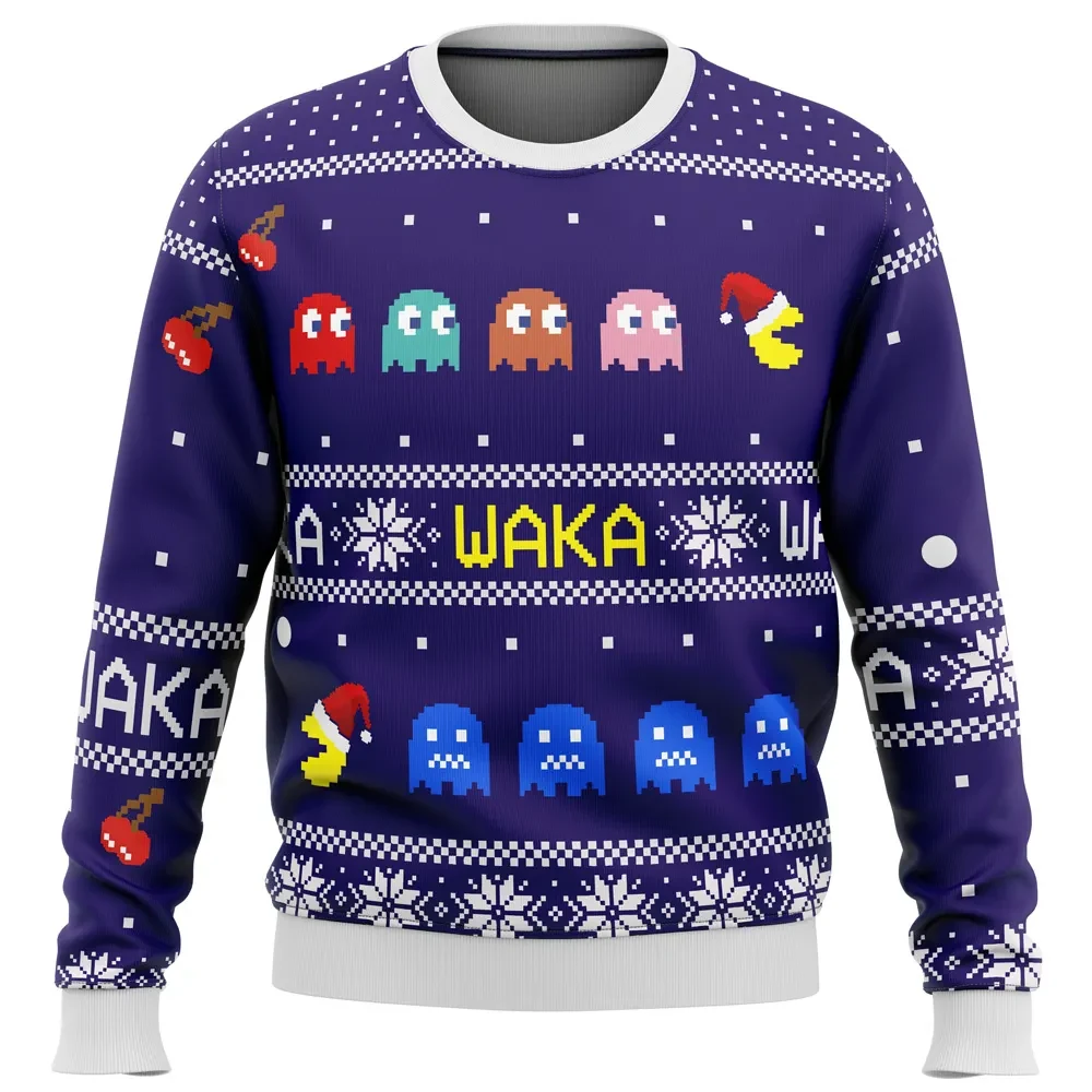 Pacman Waka Waka Ugly Christmas Sweater, Retro Arcade Gamer Holiday Sweater, Video Game Xmas Gift with Ghosts, Unisex All Over Print Sweatshirt