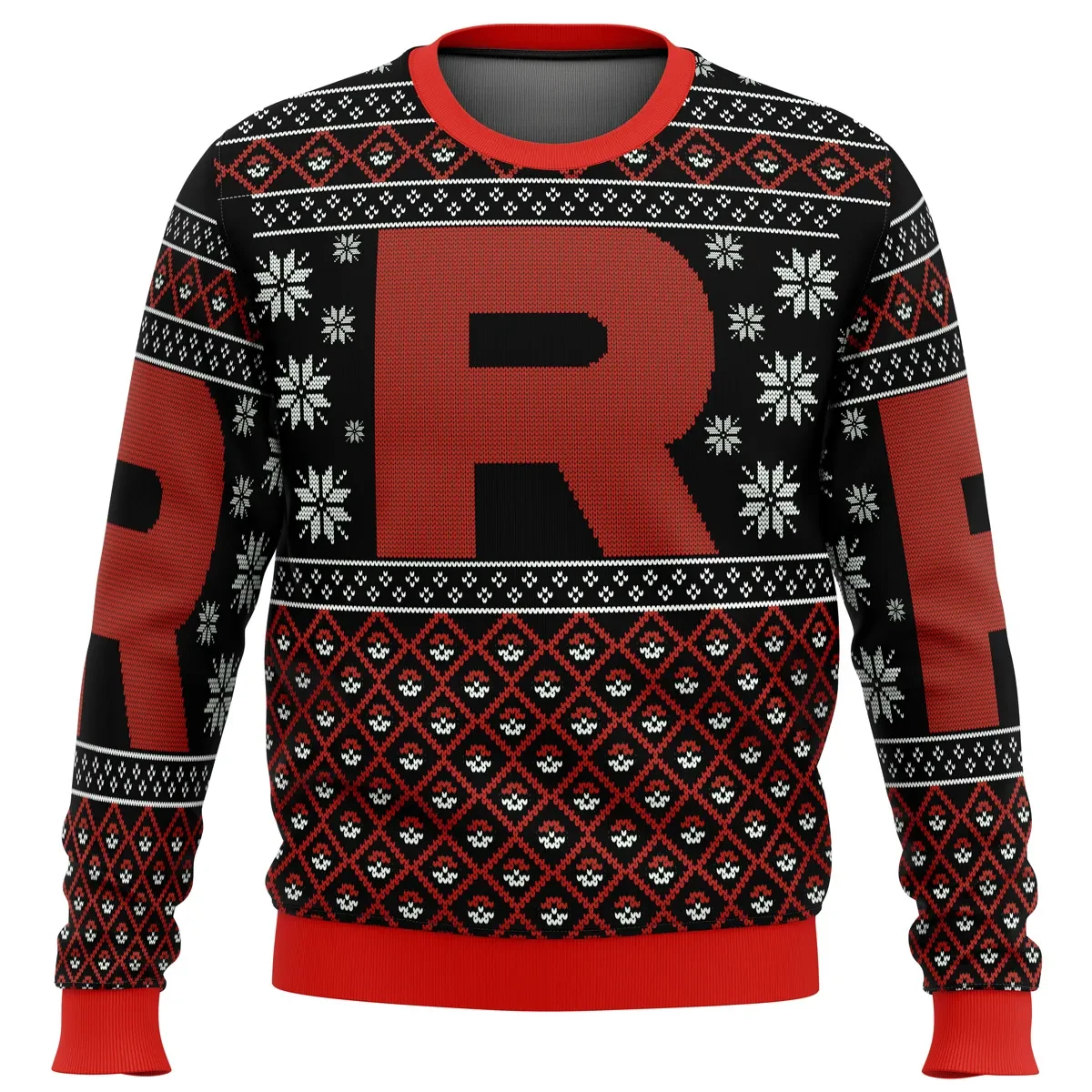 Pokemon Team Rocket Red Black Ugly Christmas Sweater, Team Rocket R Holiday Sweater, Poke Ball Pattern Gamer Xmas Gift for Villain Fans