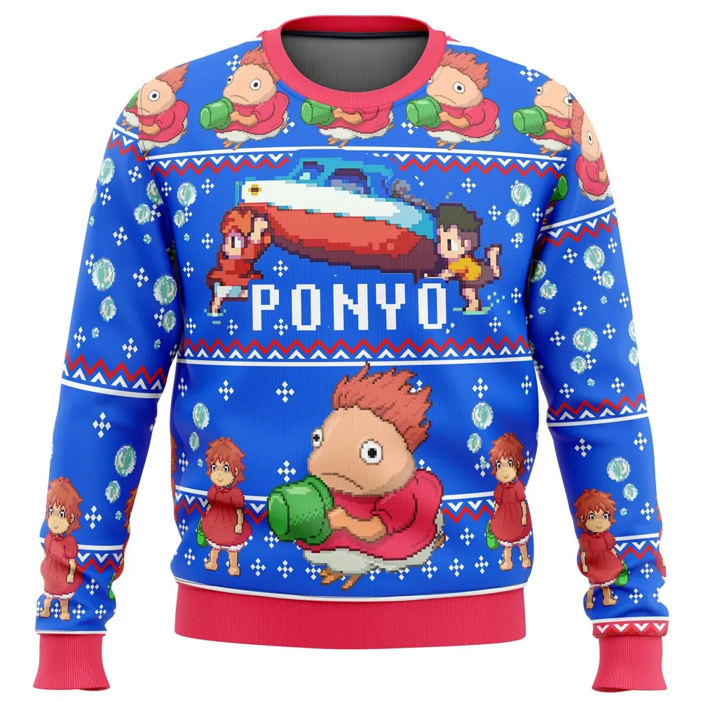 Magical Ponyo Ugly Christmas Sweater, Studio Ghibli Anime Holiday Sweater, Ponyo and Sosuke Xmas Gift, Unisex All Over Print Blue Sweatshirt