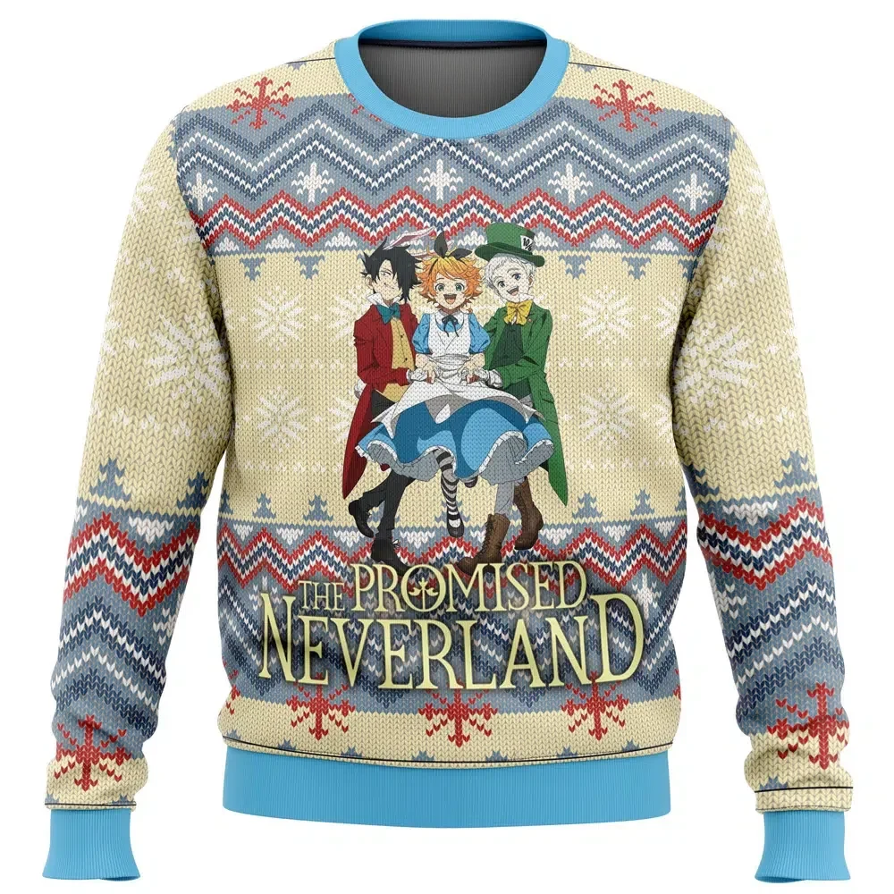 The Promised Neverland Alt Ugly Christmas Sweater, Emma Norman Ray Wonderland Holiday Sweater, Anime Xmas Gift, Unisex All Over Print Pullover