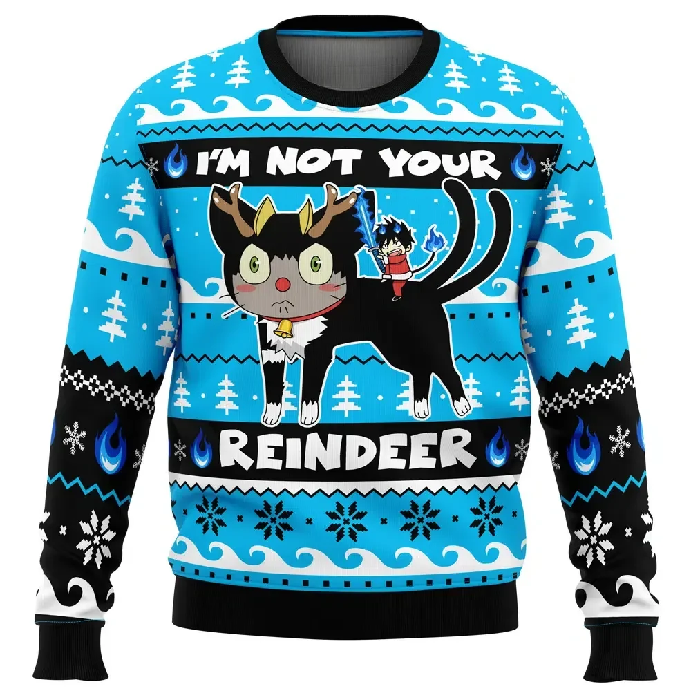I'm Not Your Reindeer Kuro and Rin Blue Exorcist Ugly Christmas Sweater, Anime Holiday Sweater, Funny Cat Xmas Sweater