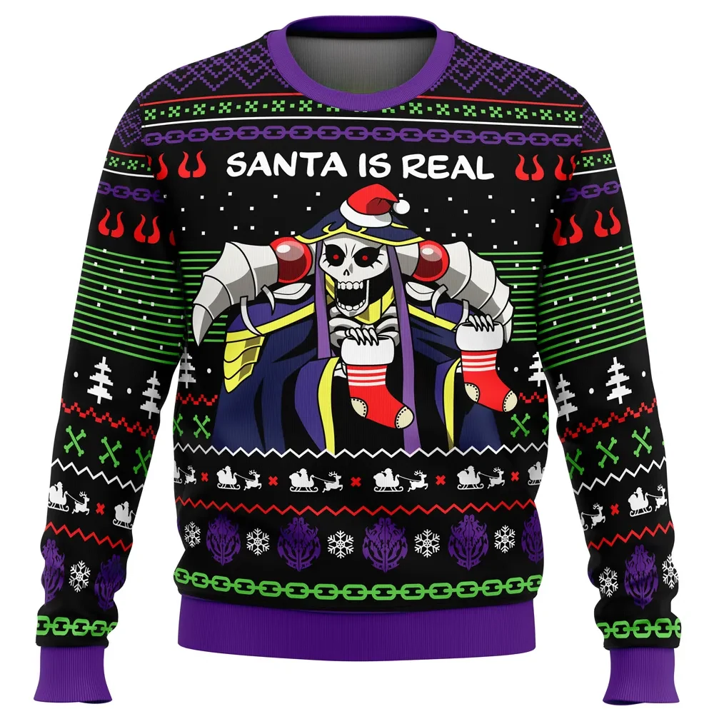 Santa Is Real Overlord Ugly Christmas Sweater, Ainz Ooal Gown Skeleton Santa Anime Holiday Sweatshirt, Unisex Xmas Gift for Isekai Fans