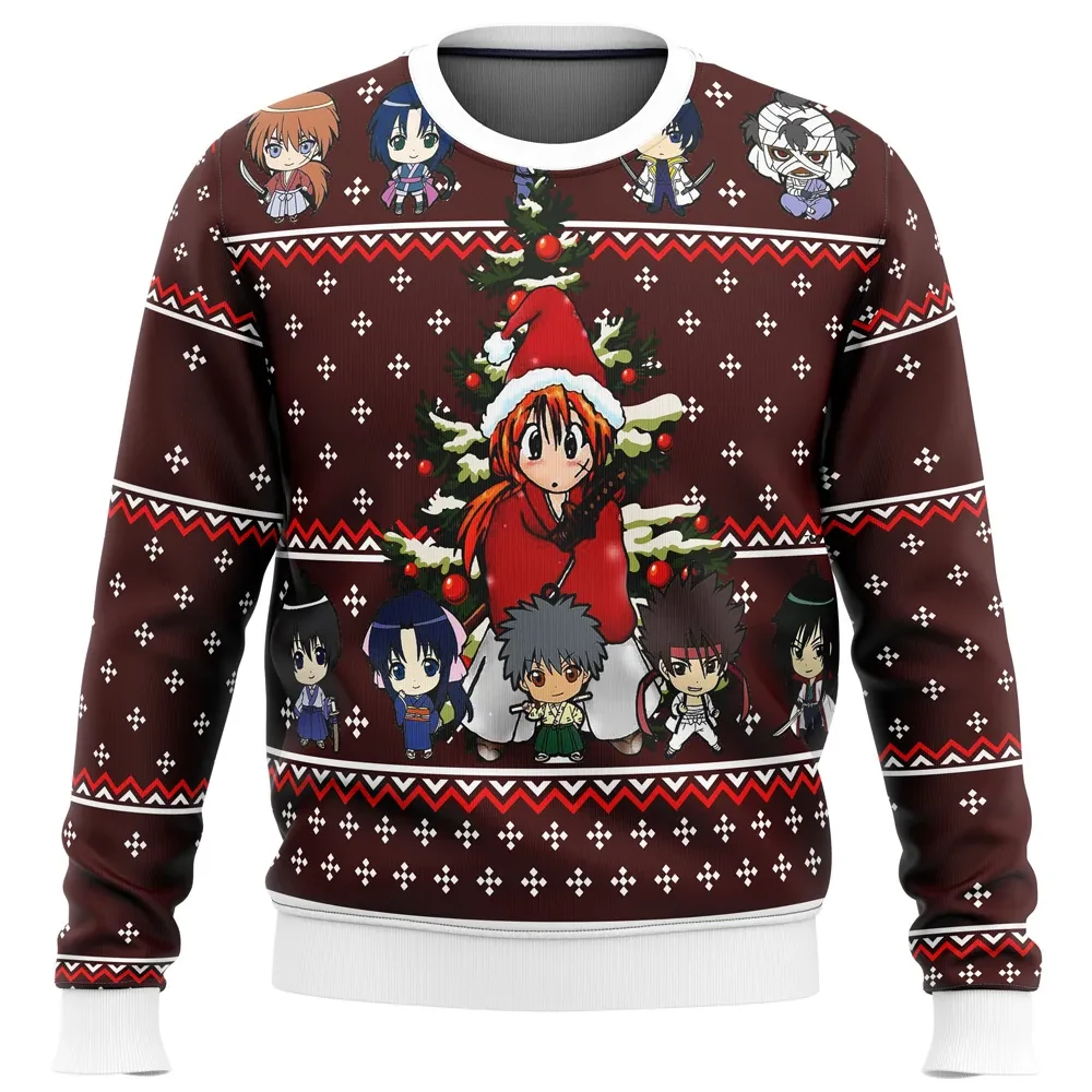 Samurai X Rurouni Kenshin Ugly Christmas Sweater, Kenshin Chibi Holiday Sweater with Kaoru, Sanosuke and Yahiko, Anime Xmas Gift