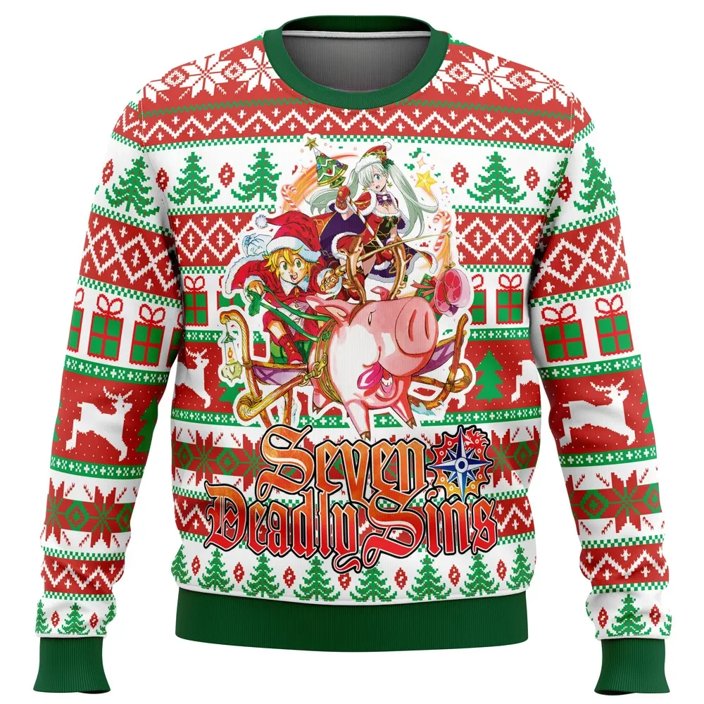 Seven Deadly Sins Ugly Christmas Sweater, Meliodas Elizabeth Hawk Santa Sleigh Holiday Sweater, Nanatsu no Taizai Anime Xmas Gift