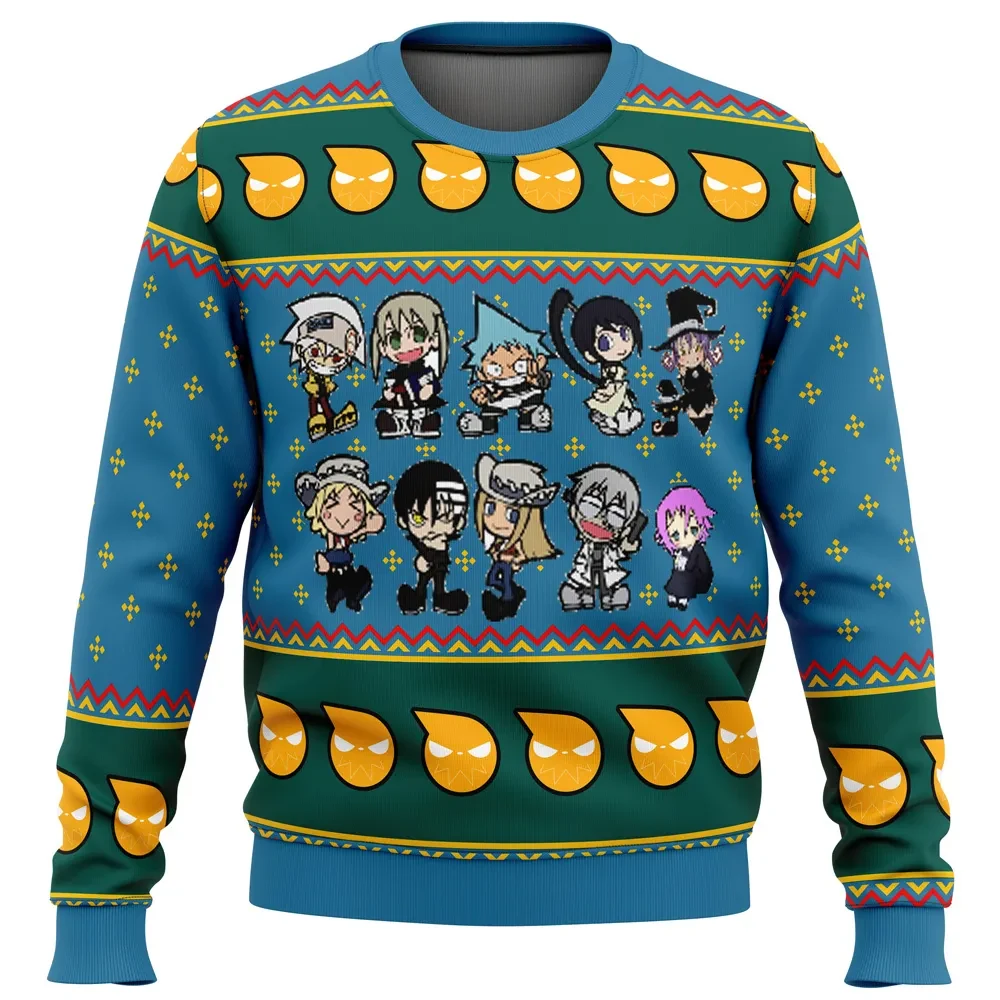 Soul Eater Chibi Ugly Christmas Sweater, Soul Eater Holiday Sweater, Maka Black Star Death the Kid Teal Pullover, Anime Xmas Gift