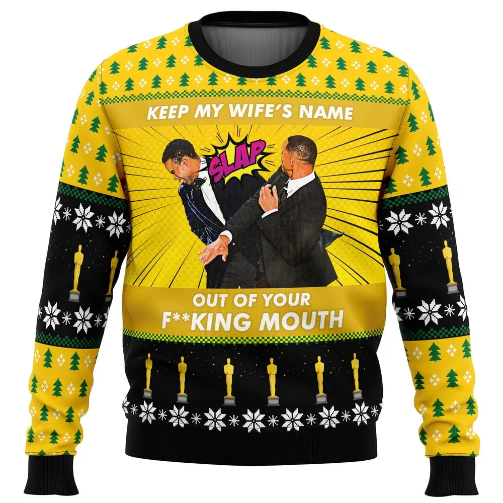 Will Smith Slaps Chris Rock Meme Ugly Christmas Sweater, Keep My Wife's Name Holiday Sweater, Funny Oscars Slap Unisex Pullover, Xmas Gift