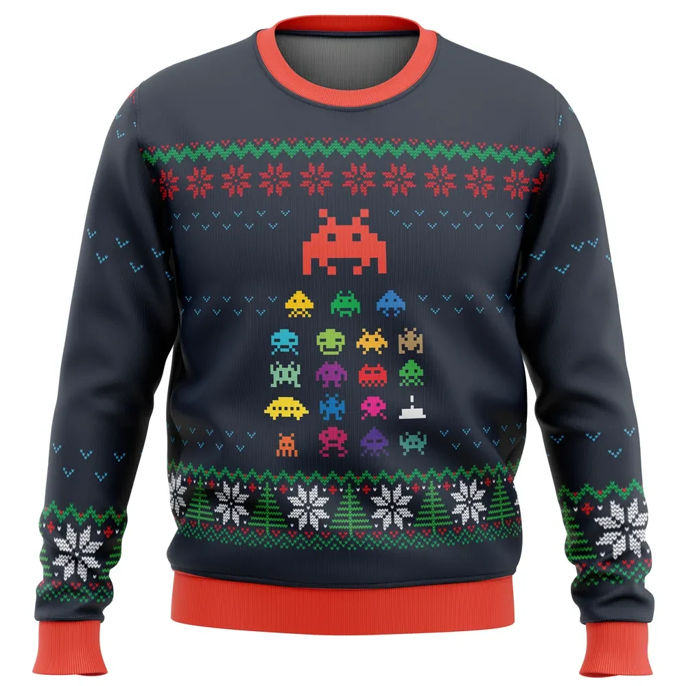 Space Invaders Ugly Christmas Sweater, Retro Arcade Pixel Aliens Holiday Sweatshirt, Unisex 80s Gamer Xmas Gift for Classic Game Fans