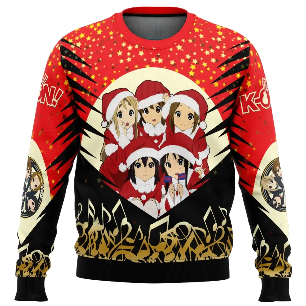 Christmas Band K-On! Ugly Christmas Sweater, Yui Mio Ritsu Mugi Azusa in Santa Hats, Light Music Club Anime Holiday Sweatshirt, Xmas Gift