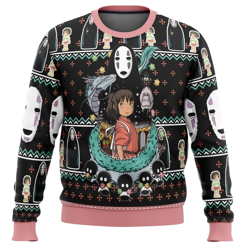 Spirited Away Ugly Christmas Sweater, Studio Ghibli No Face Chihiro and Haku Holiday Sweater, Unisex All Over Print Xmas Sweatshirt, Anime Gift