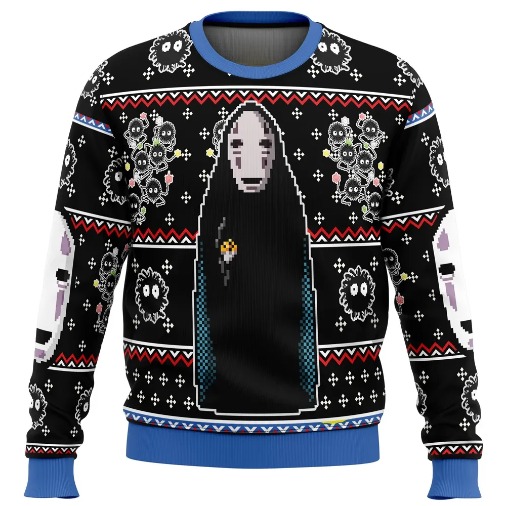 Spirited Away No Face Ugly Christmas Sweater, Studio Ghibli Kaonashi and Soot Sprites Holiday Sweatshirt, Anime Xmas Gift for Fans